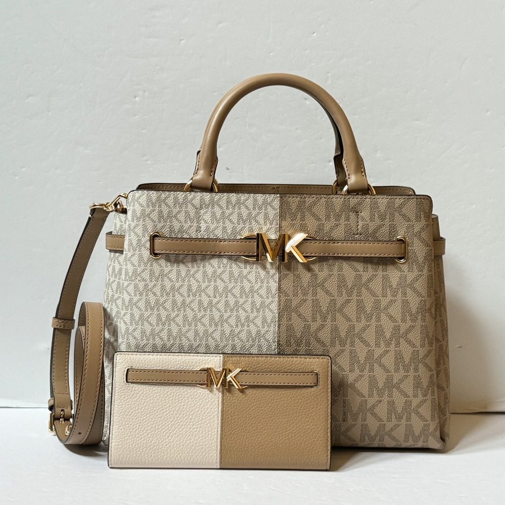 Michael Kors Reed Large Satchel Shoulder Bag + Bifold Wallet Set MK Camel Multi